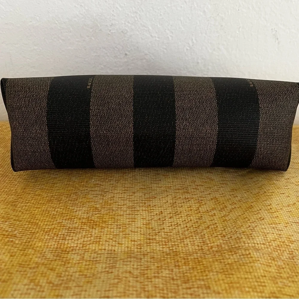 FENDI Pecan Striped Canvas Pouch Black Brown Gold COA 1980s Italy